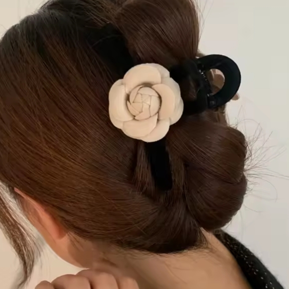 Handmade Accessories - Black and Cream Camelia Hair Clip